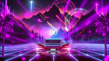 A vintage car appears on the screen and starts driving on a digital road with a futuristic design - Powered by Adobe