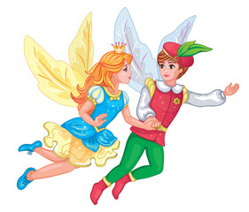 Beautiful Elf princess and prince. Set characters. Children book illustration for sticker print. Fairy tale about Thumbelina. Colorful wings. Isolated background. Cartoon doll, toy. Wonderland. Vector