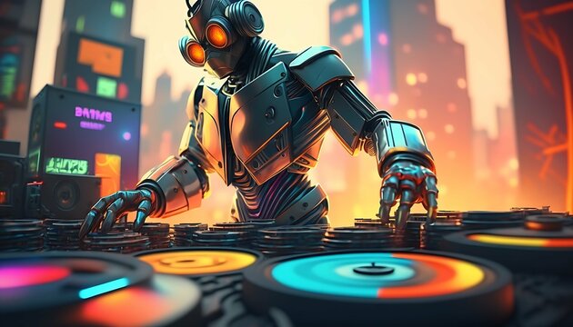 A robot DJ mixing music and urban city in the background with Generative AI Technology.