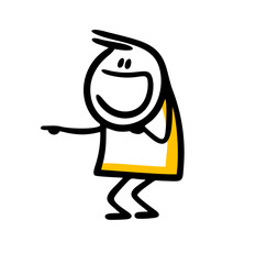 Cartoon funny character points to the left with his finger and laughs at the joke.