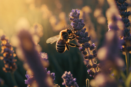 A bee flying over a bunch of lavender flowers in a field of lavenders in the sunlight. Generative AI
