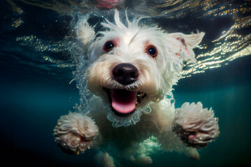 Funny Dog Underwater.  Generative AI.