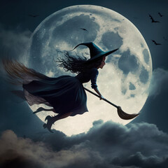 A witch flying with her broom at the full moon - obrazy, fototapety, plakaty