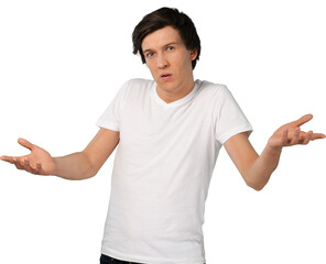 Fototapeta premium Teenage casual boy fooling around isolated on white background