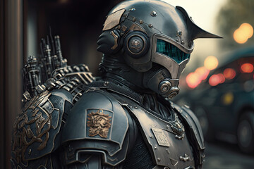 Fototapeta premium A futuristic robot, cyborg, android, and droid soldier warrior preparing for war, battle - navy, army, air force, SWAT. Science fiction, technology movies, film 