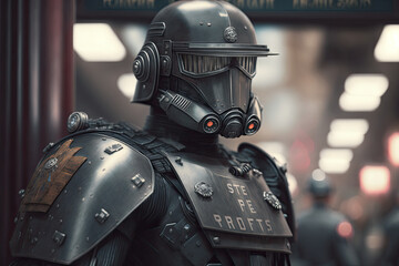 A futuristic robot, cyborg, android, and droid soldier warrior preparing for war, battle - navy, army, air force, SWAT.  Science fiction, technology movies, film