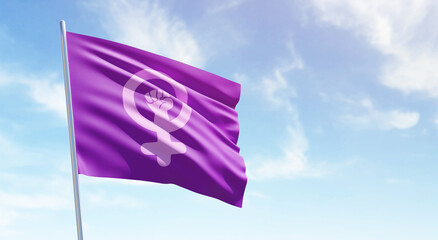 Feminist flag on a blue sky and copy space for international women's day and feminist activism in 3D illustration. March 8 for independence, empowerment, and activism for women rights - obrazy, fototapety, plakaty