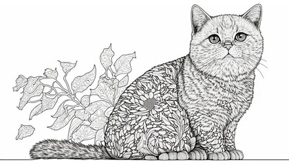a cute coloring book for children that is still black and white, but waiting for colors and then it will become a wonderful colorful cat