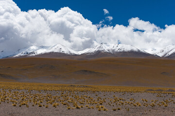 Montaña con vegetacion en la base y nubes en el fondo, Fiambala, Catamarca, Argentina