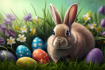 Easter bunny and easter eggs on green grass with flowers
