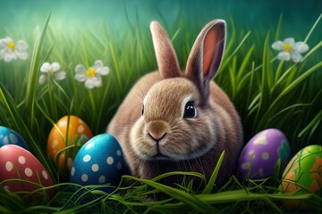 Fototapeta premium Easter bunny with colorful eggs on green grass.