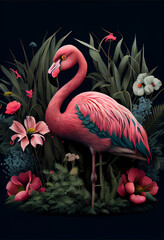 Close-up of pink flamingo bird in flowers. Generated AI