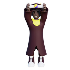 3d illustration of college student holding up his diploma
