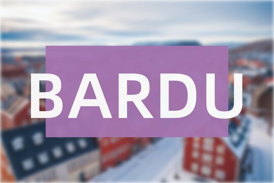 Bardu: Der Name der norwegischen Stadt Bardu in der Region Troms vor einem Hintergrundfoto