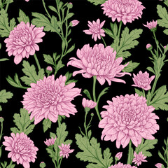 Beautiful seamless pattern with hand drawn light pink flowers and green leaves of Chrysanthemum on a black background. Vector illustration of Chrysanthemum. Floral elements for textile design - 573924327