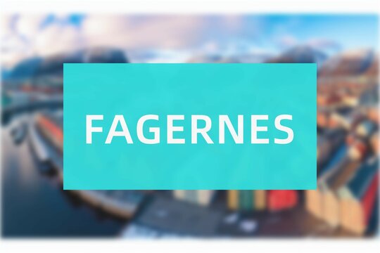 Fagernes: Der Name der norwegischen Stadt Fagernes in der Region Oppland vor einem Hintergrundfoto