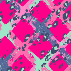 Abstract seamless grunge pattern with grid on pink background and leopards leather repeat print. Grungy geometric wall and cheetah spots for sport textile, fashion clothes, wrapping paper. Wild life
