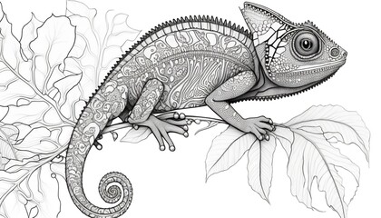 Obraz premium a cute coloring book for children that is still black and white, but waiting for colors and then it will become a wonderful colorful chameleon