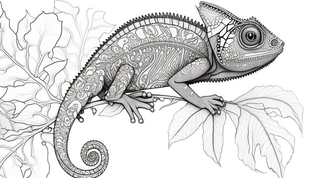 a cute coloring book for children that is still black and white, but waiting for colors and then it will become a wonderful colorful chameleon