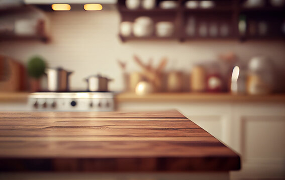 Empty wood counter top with blurred minimal kitchen background. Generative AI.