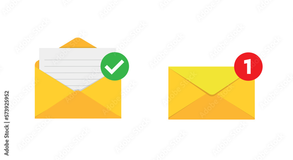 Poster Email notification icon illustration with unread letter envelope and open mail message with checkmark symbol. Vector 10 eps.