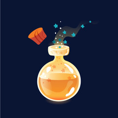  Glass bottle with amber liquid and flowers in it. Cartoon vector illustration.