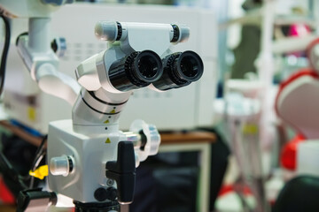 Close-up view of optical microscope for educational and routine use