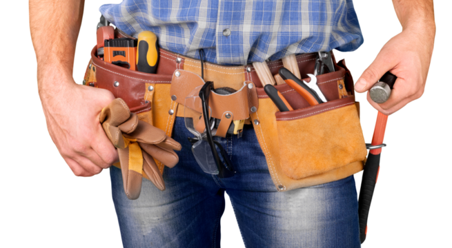Young man worker in uniform with yellow belt and tools