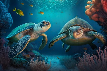 Fototapeta na wymiar Beautifull Underwater world. Turtle. corals. Generative AI
