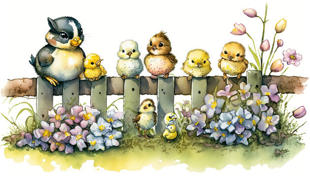  a painting of a group of chicks sitting on a fence.  generative ai