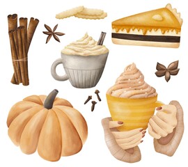 Cups with coffee, pumpkin latte and cinnamon. Set of isolated cozy hand drawn watercolor elements.