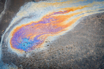 Obraz premium Close-up of an iridescent oil or gasoline spill on a wet asphalt, viewed from above.