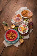 Sea food ceviche Assorted food plates Peru traditional comfort food buffet table