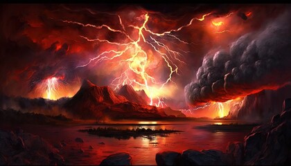  a painting of a volcano with a lot of lava and lightning.  generative ai