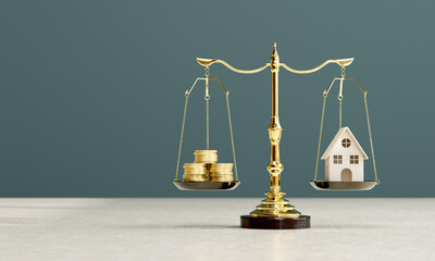 A golden ornate scale with gold coins on one side and a house on the other. equal weight. 3D rendering