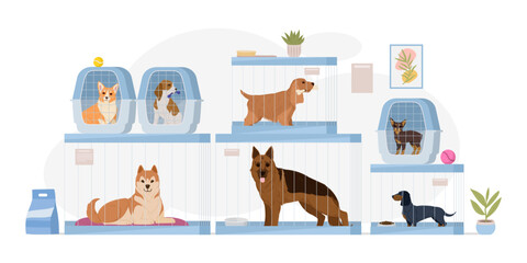 Cartoon dog shelter. Cartoon pet shop or pet rescue center, dogs help adoption shelter, puppy hotel flat vector illustration. Dog adoption center