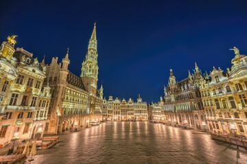Brussels Belgium, city skyline night at Grand Place Square