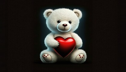  a white teddy bear holding a heart on a black background.  generative ai