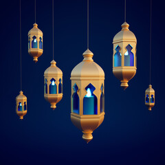 Ramadan lanterns hanging on blue background. Festive greeting card 3D rendering