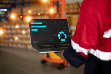 Engineer man using a laptop computer with Dashboard, Analysis charts display. Employee browsing internet, using trackpad in an online store warehouse storeroom with parcels. Infographic graph. 