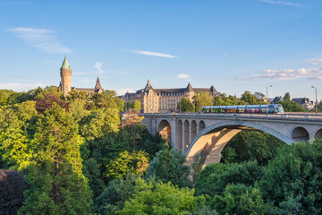 Grand Duchy of Luxembourg, city skyline at Pont Adolphe Bridge - obrazy, fototapety, plakaty