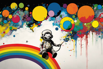  a painting of an astronaut monkey on a rainbow with balloons.  generative ai