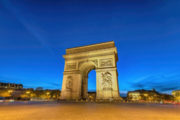 Fototapeta na wymiar Paris France night city skyline at Arc de Triomphe and Champs Elysees