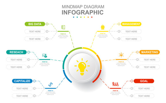 Infographic business template. 6 Steps Modern Mindmap diagram with several topics. Concept presentation.