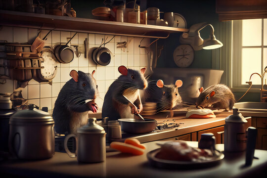 Numerous  Rats in Kitchen Interior Scene.  Lots of  Rodents in Kitchen . Generative AI