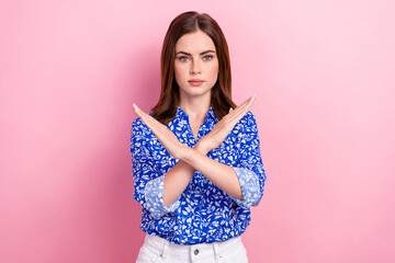 Photo of young serious face woman working real estate agent showing crossed hands veto against...