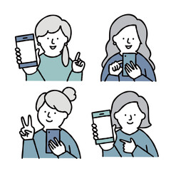 スマホを操作する女性のイラストセット　ブルー