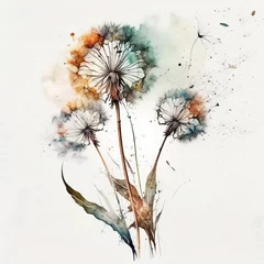 Fotobehang Drawing watercolor paint on a white background blooming dandelions Generative AI © Dzmitry