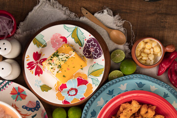 Sea food ceviche Assorted food plates Peru traditional comfort food buffet table