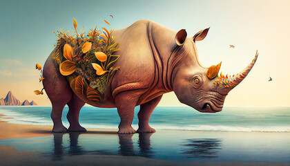 Fototapeta premium Fantastic Tropical Surreal Rhinoceros. Generative AI